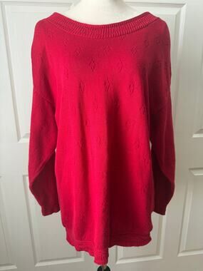 Express Tricot Vintage Red Pointelle Cotton Boat Neck Sweater Size XS Oversized